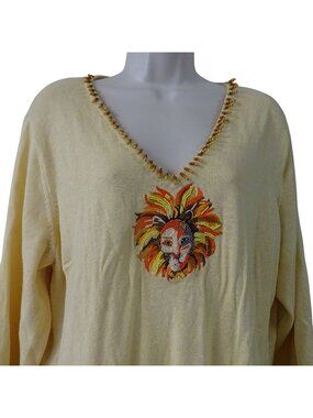 Vtg Storybook Knits Women Yellow Beaded Lion Tunic Knit Sweater Size 1X Long Slv